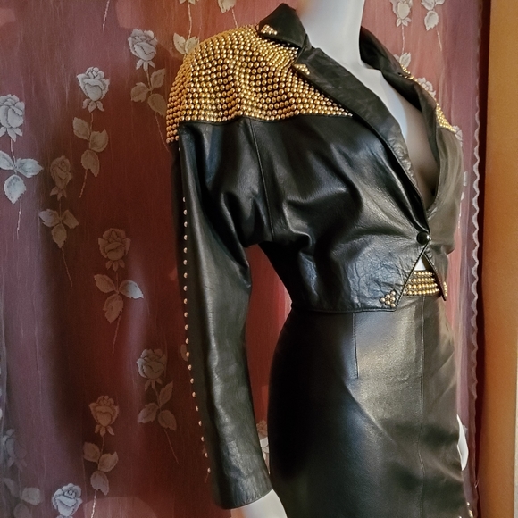 Black Leather w/ Gold Studs Skirt & Jacket Set - Picture 7 of 14